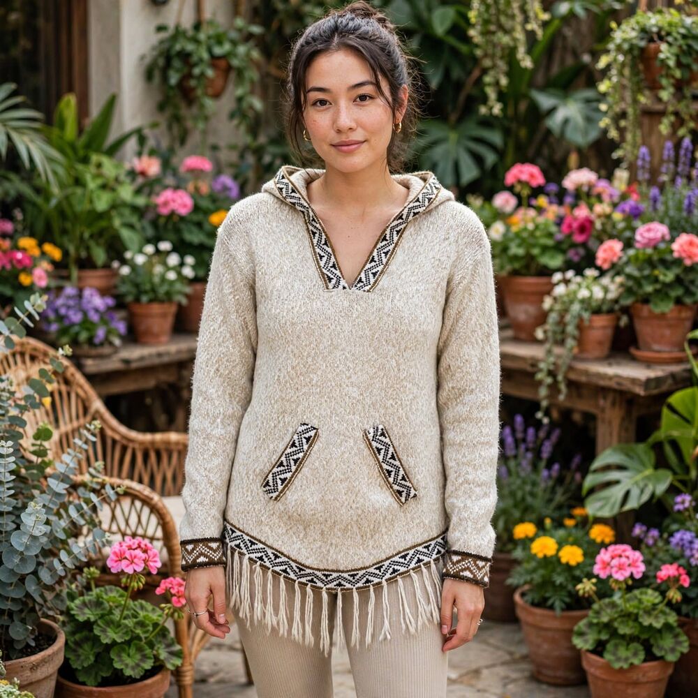 Handmade Peruvian Hooded Sweater XS-S Oatmeal Marled Fringe Boho Geometric Trim